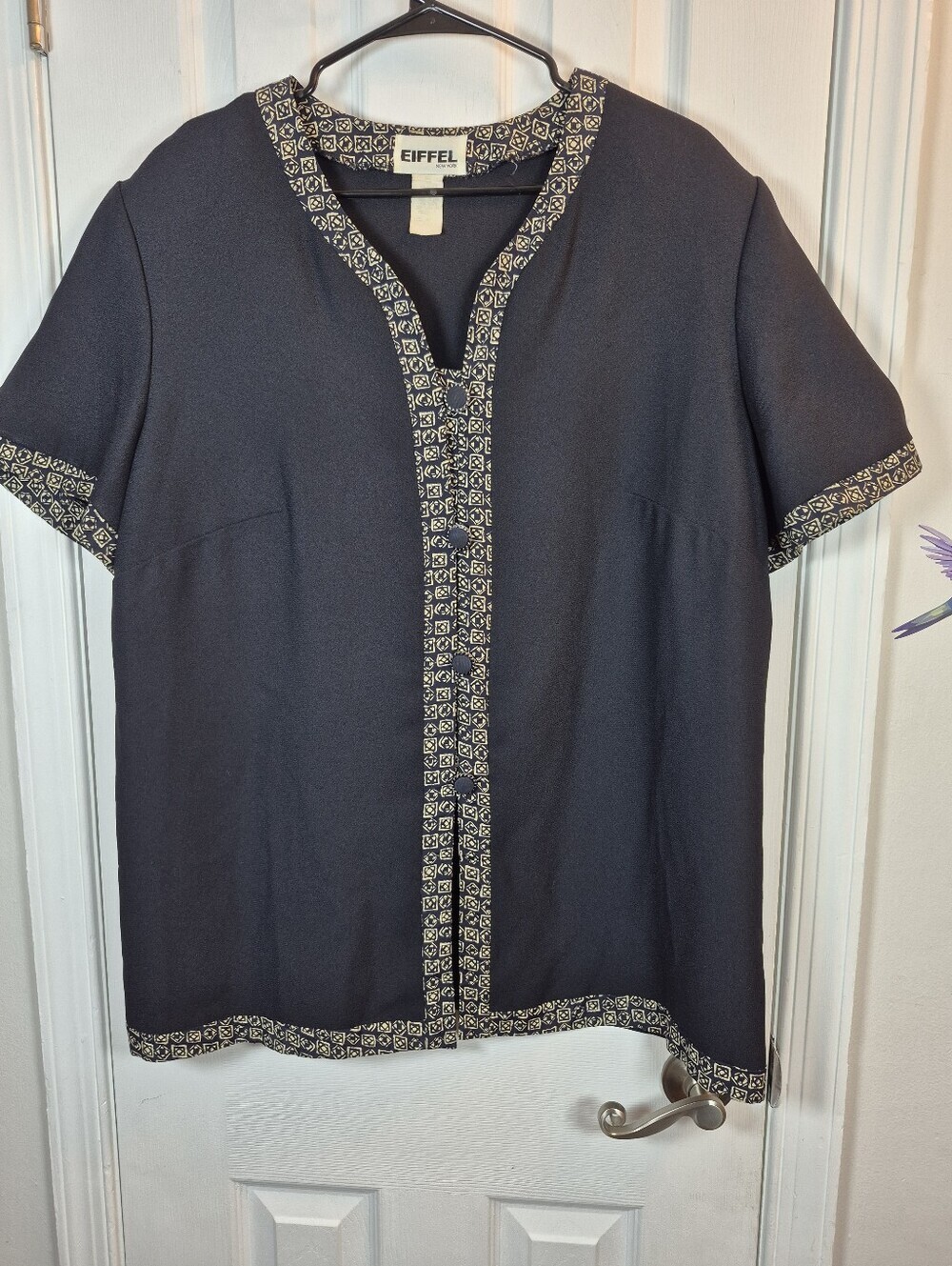 Eiffel New York Vintage Tunic Top Navy Blue Plus Size 16 Rayon Geometric Trim